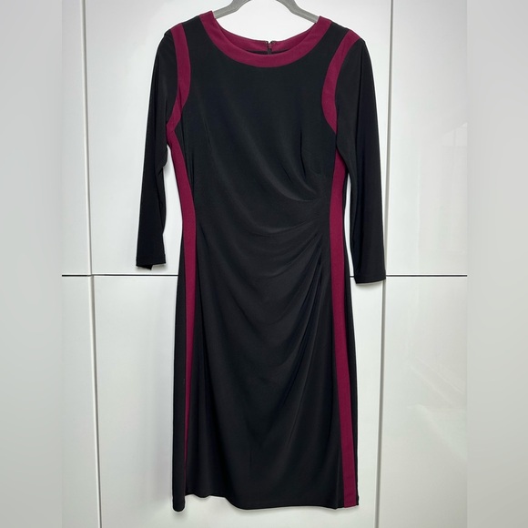 Lauren Ralph Lauren Knit Jersey Dress Black Burgundy Trim Size 4 Ruching - Picture 1 of 8